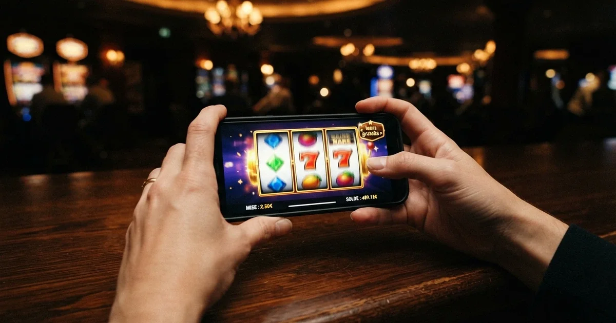 Des mains tenant un smartphone affichant une machine à sous en rotation, un badge « tours gratuits » à l'écran, fond de casino tamisé