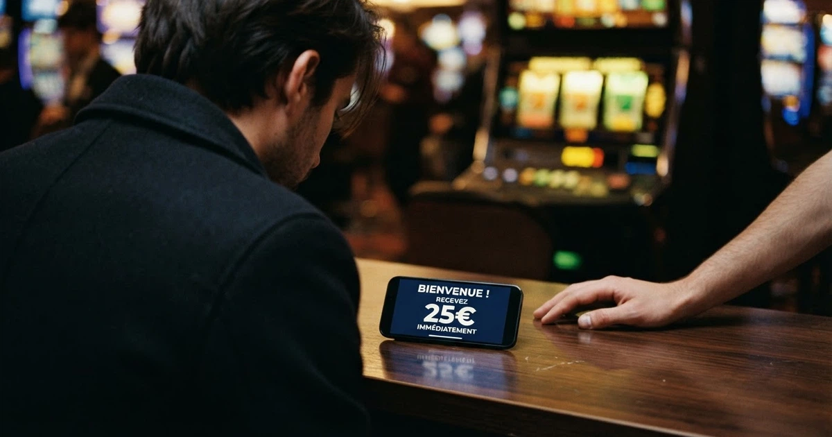 Un joueur consultant une offre de 25 tours gratuits sur l'écran d'un casino en ligne, avec une machine à sous colorée en arrière-plan