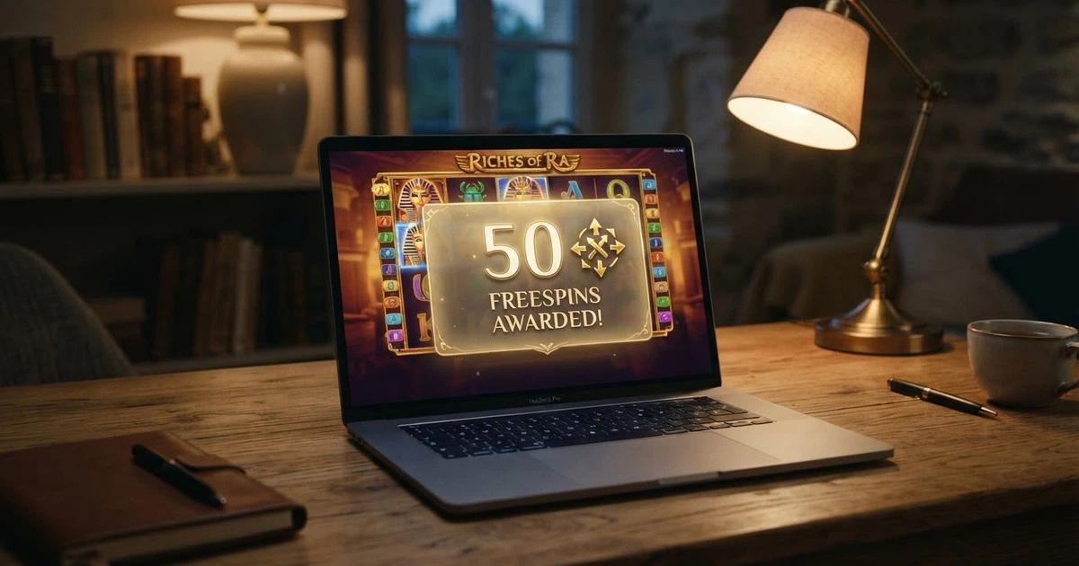 Une rangée de machines à sous en ligne affichée sur un écran d'ordinateur portable, une notification « 50 free spins » en surimpression, lumière tamisée d'un salon