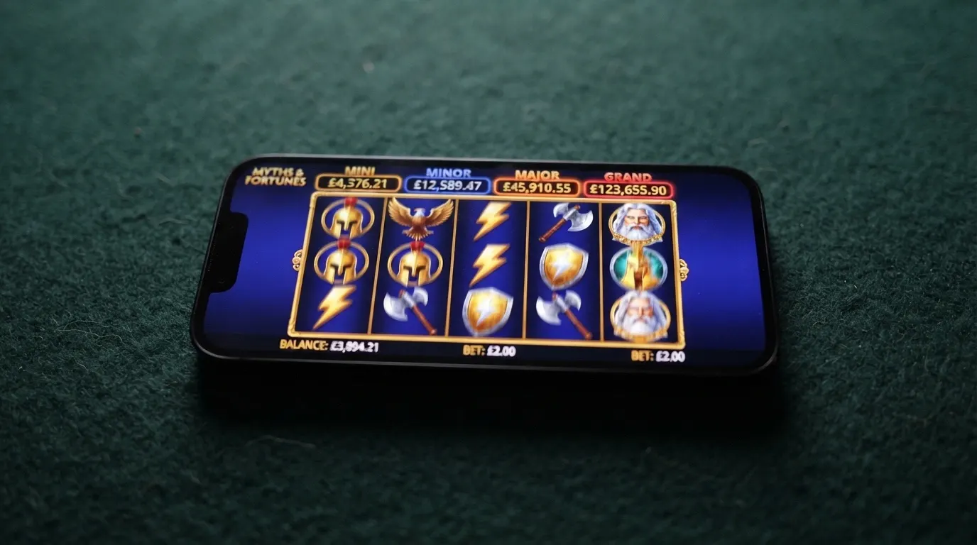 Machine à sous Age of the Gods de Playtech avec ses symboles mythologiques, ses quatre jackpots progressifs affichés en haut de l'écran et ses rouleaux 5×3