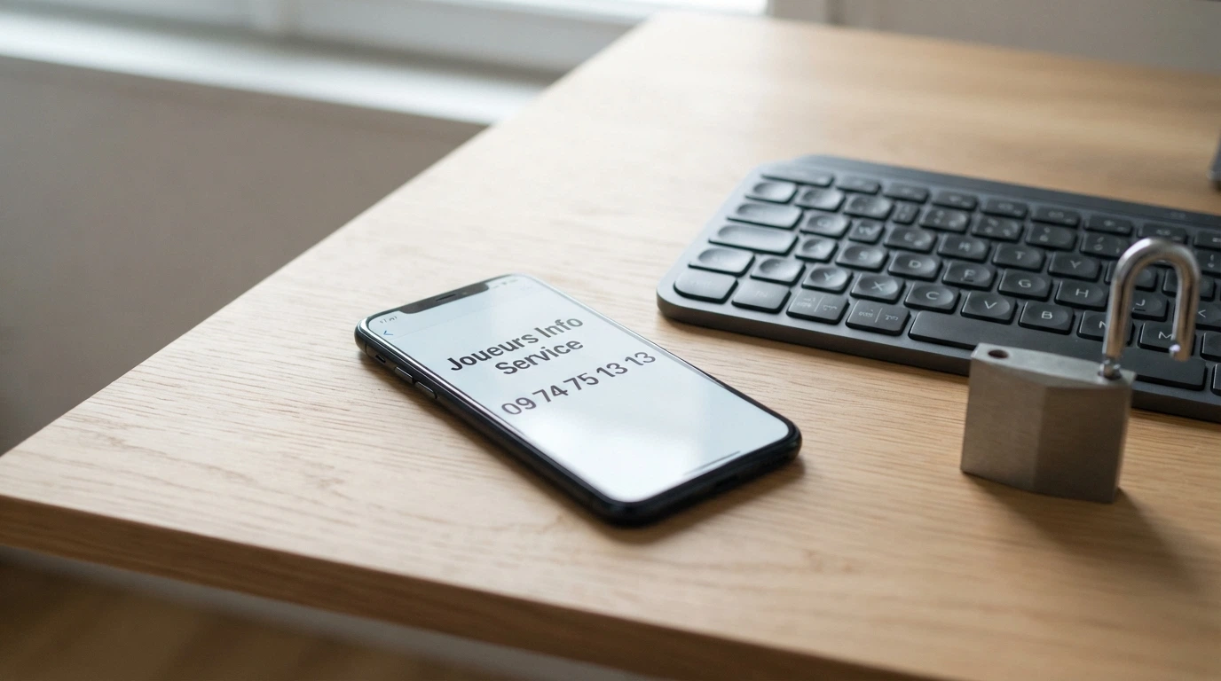 Un téléphone affichant le 09 74 75 13 13 (Joueurs Info Service) posé à côté d'un clavier, avec un verrou de sécurité ouvert et un symbole de protection des données.