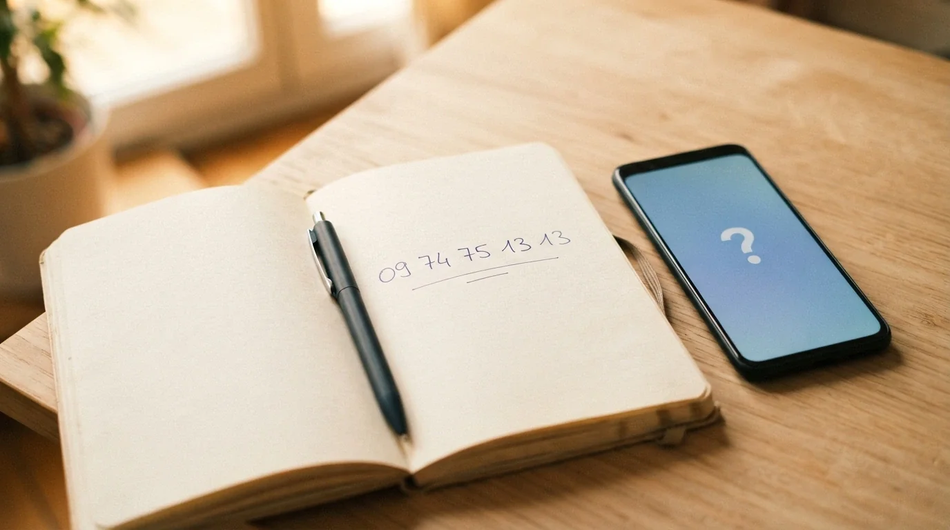 Un téléphone posé sur un carnet, le numéro 09 74 75 13 13 manuscrit sur une page à côté d'un stylo, lumière douce et rassurante, tons chauds.