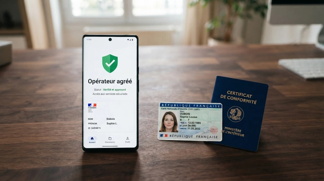 Le logo de l'Autorité nationale des jeux sur un écran de smartphone posé à côté d'une carte d'identité française, le site affichant la mention « opérateur agréé »