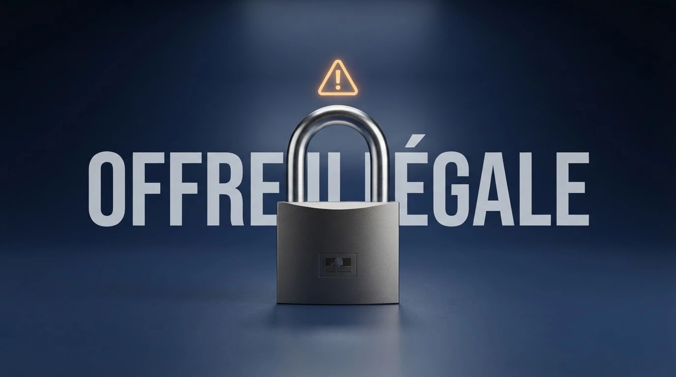 Le logo de l'ANJ sur un fond sombre avec la mention « offre illégale » en surimpression