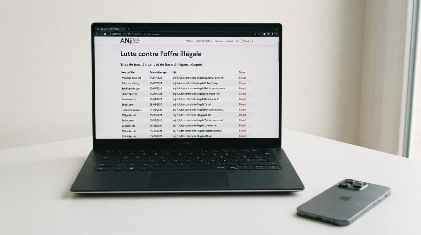 Capture d'écran du site de l'ANJ montrant la page de lutte contre l'offre illégale et un extrait de la liste noire des sites bloqués