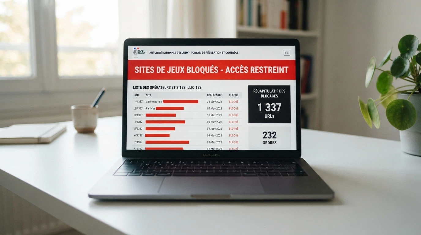 Une capture d'écran du portail de l'ANJ affichant la liste noire des sites de jeux bloqués et déréférencés, avec le logo ANJ visible.