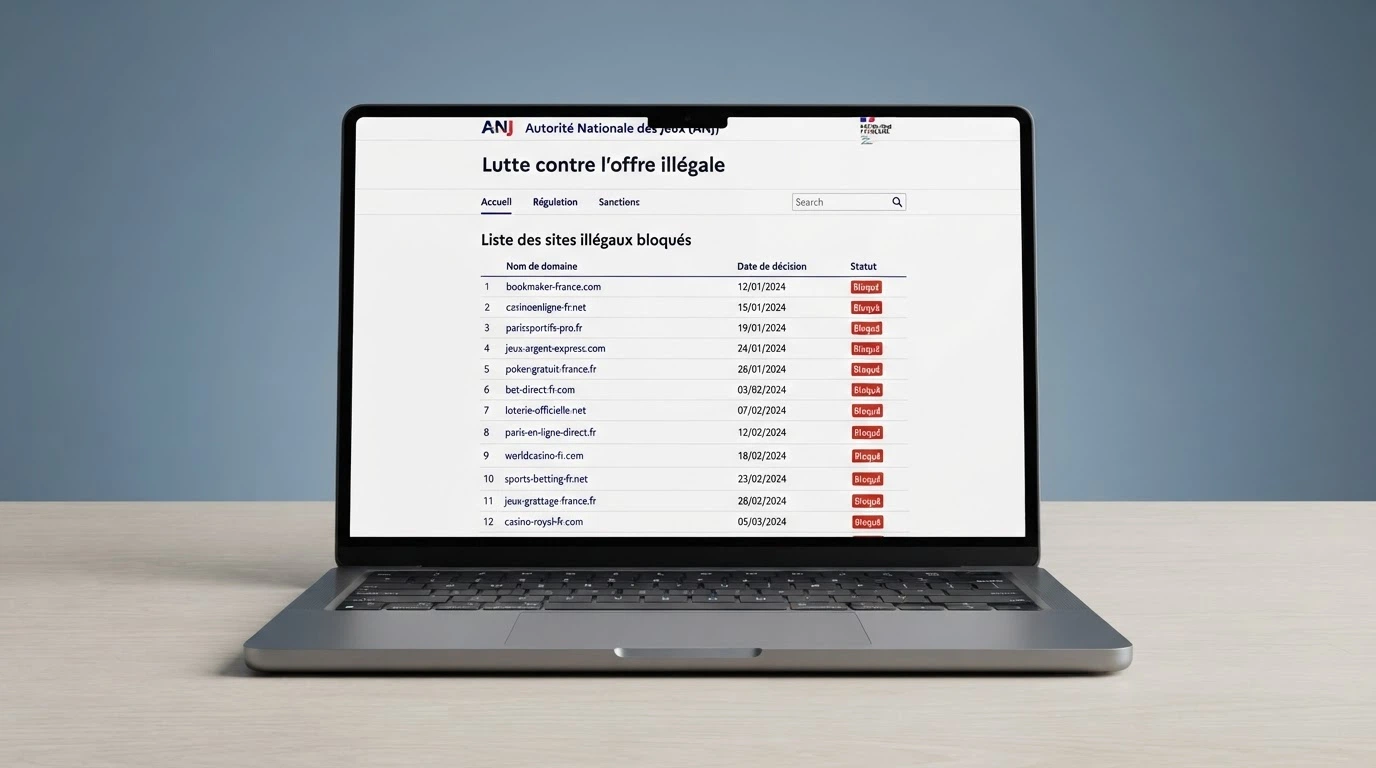 Capture d'écran du site anj.fr montrant la page officielle de lutte contre l'offre illégale, avec la liste des sites bloqués et déréférencés par l'autorité
