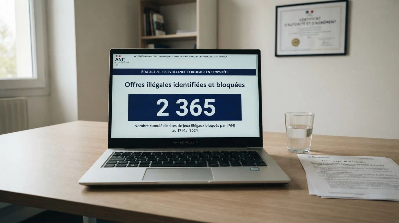 L'interface du site anj.fr affichant la page de lutte contre l'offre illégale avec un compteur de sites bloqués.
