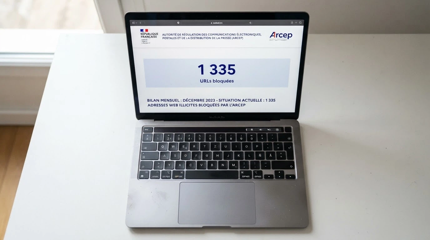 Capture d'écran du site officiel de l'ANJ montrant l'interface de signalement des sites illégaux et le compteur des URLs bloquées