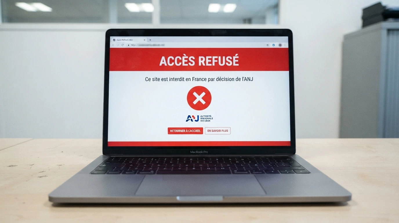 Logo de l'Autorité nationale des jeux et captures d'écran de sites bloqués ou déréférencés portant la mention «&nbsp;site interdit&nbsp;»