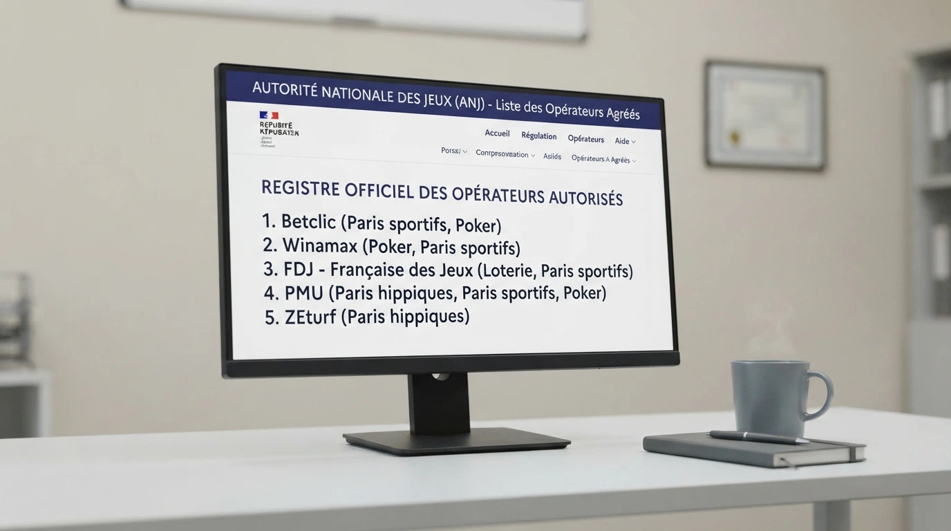 Capture d'écran du site officiel de l'ANJ affichant la liste des opérateurs agréés, sur un écran d'ordinateur