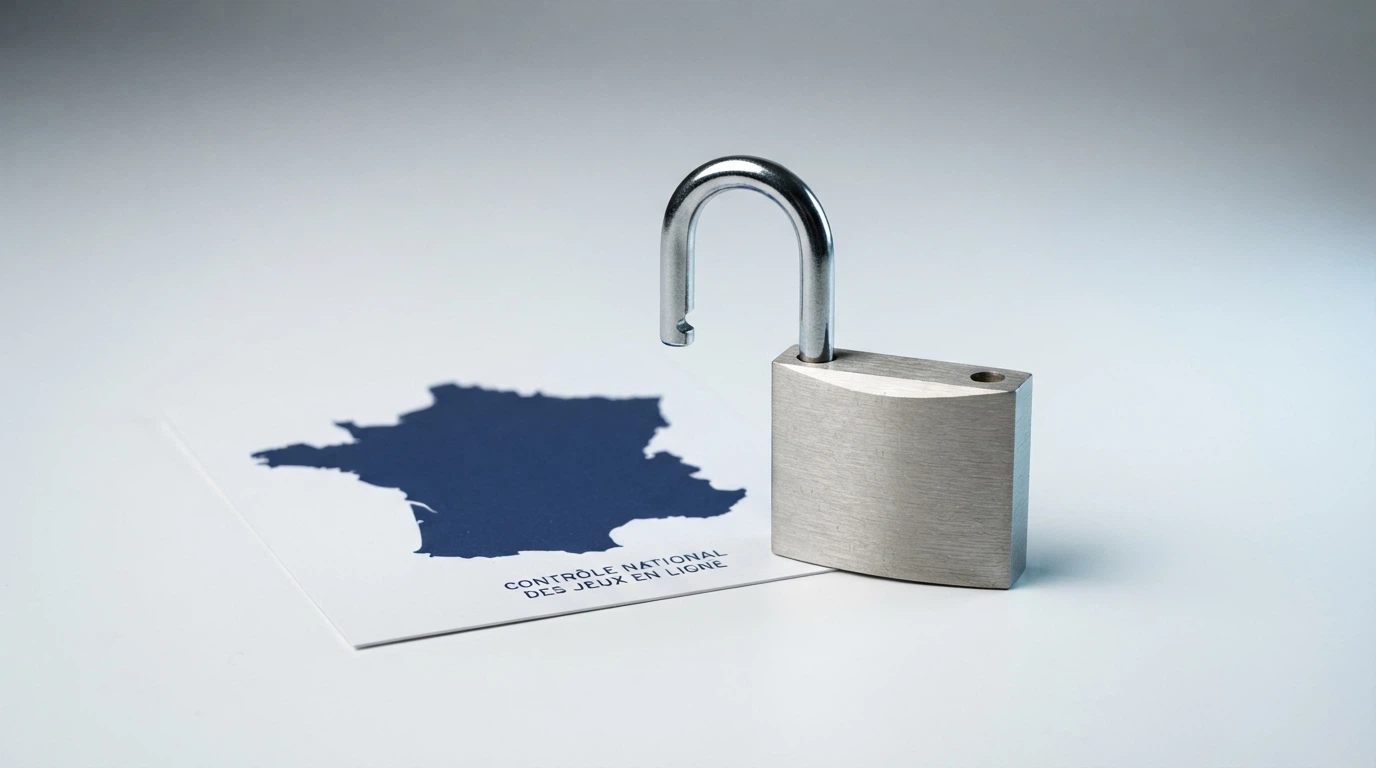 Le logo de l'Autorité nationale des jeux (ANJ) à côté d'une carte de la France, avec un cadenas ouvert en surimpression