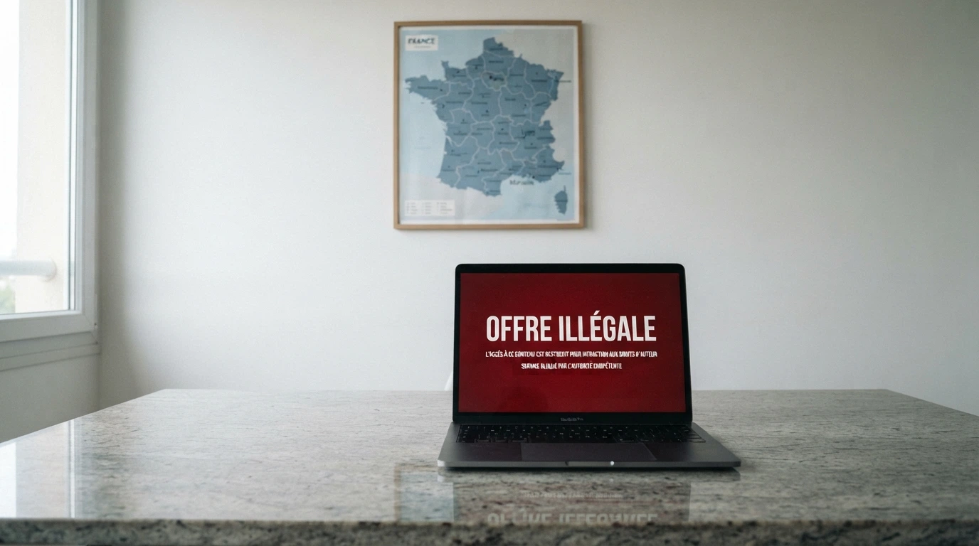 Le logo de l'Autorité nationale des jeux (ANJ) sur un fond institutionnel, avec les mots « offre illégale » et une carte de la France en arrière-plan.