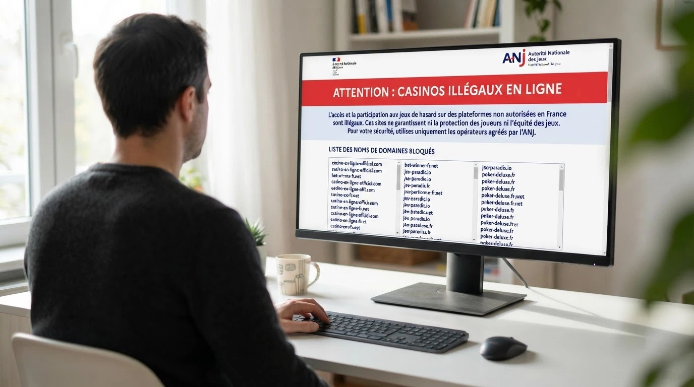 Capture d'écran du site officiel de l'ANJ affichant la liste noire des sites de jeux bloqués et le message d'avertissement sur l'illégalité des casinos en ligne