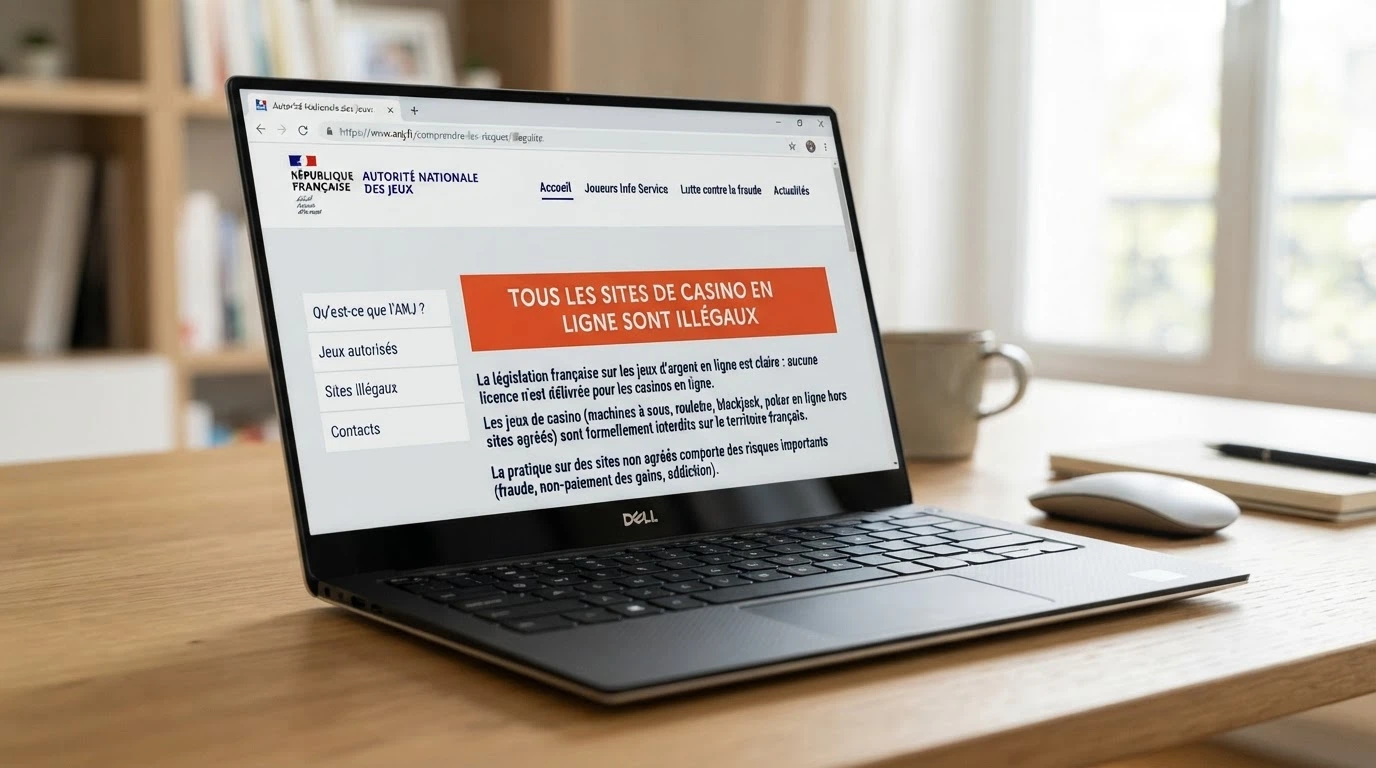 Capture d'écran du site officiel anj.fr montrant la page dédiée à l'offre illégale de casino en ligne
