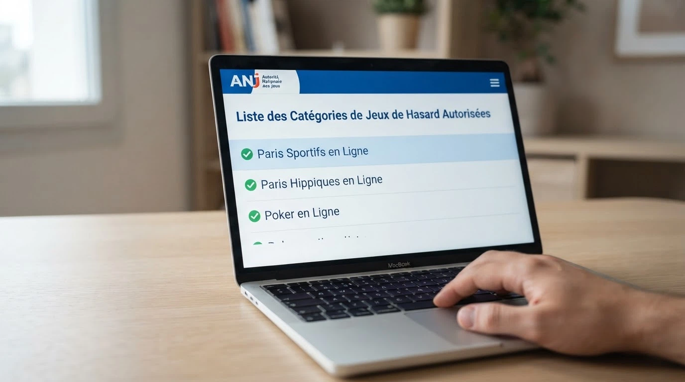 Capture d'écran du site de l'ANJ montrant la page des jeux d'argent autorisés en France — machines à sous absentes de la liste