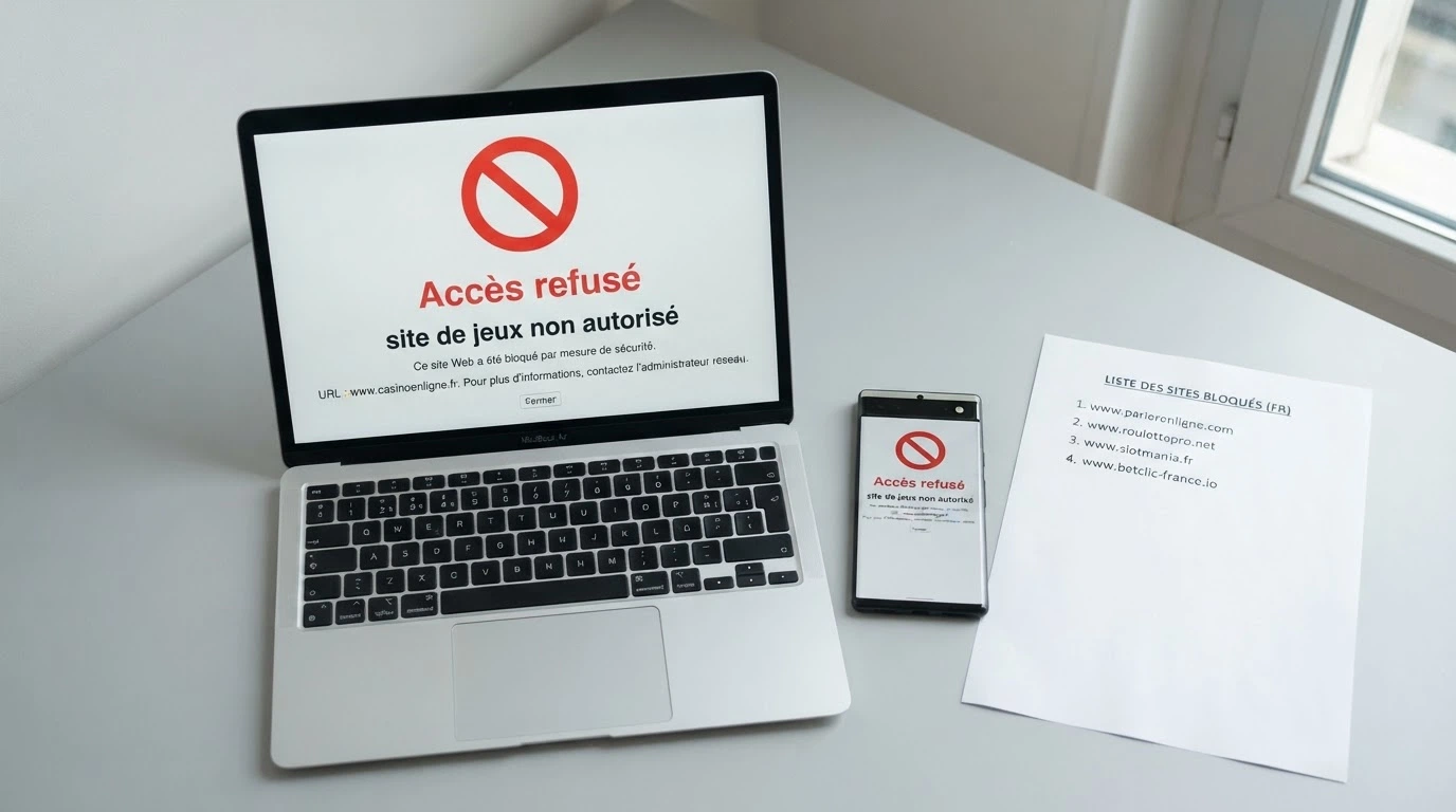 Un écran affichant la page d'accueil du site anj.fr avec le logo de l'ANJ, superposé à une liste de casinos bloqués