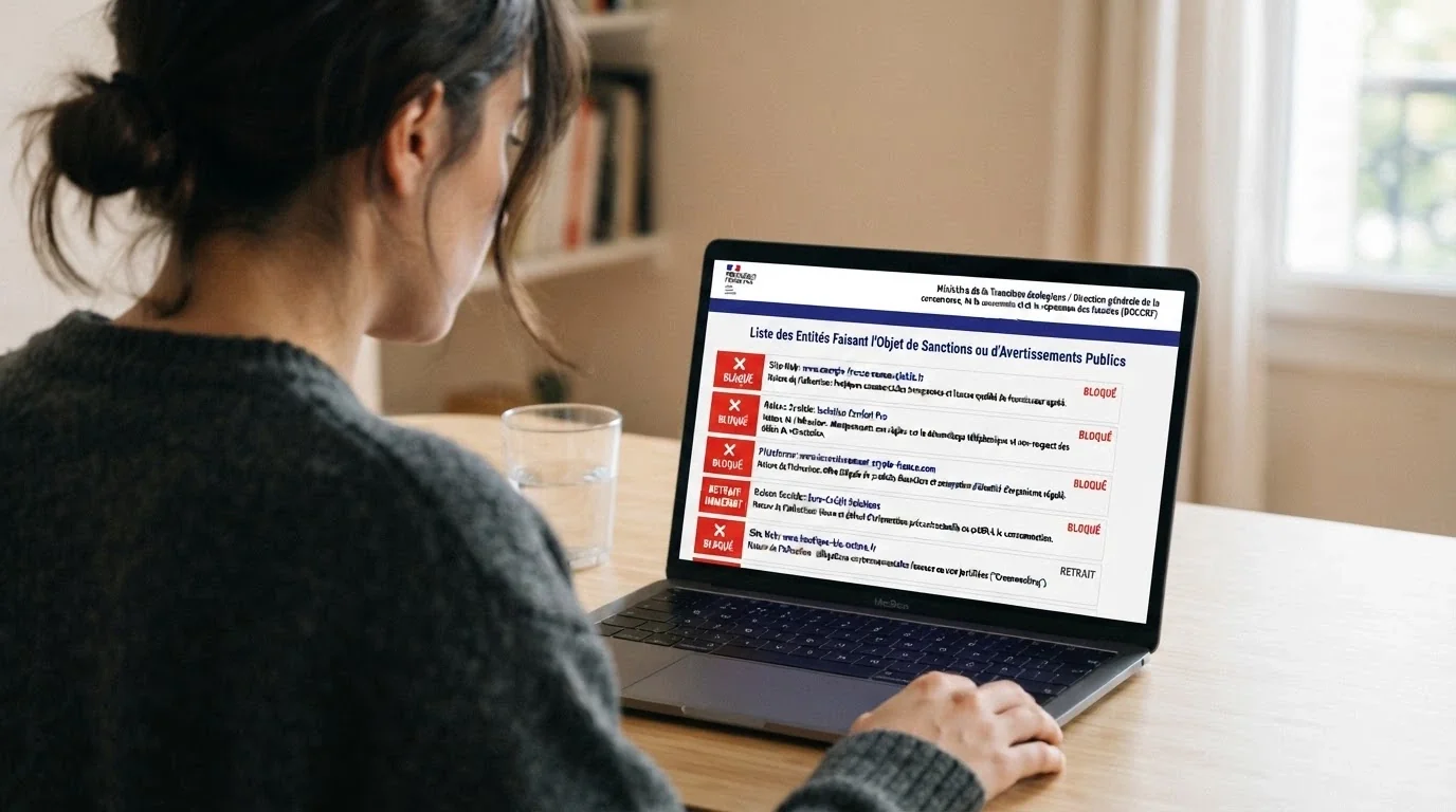 Capture d'écran de la page officielle de l'ANJ listant les sites de jeux bloqués et déréférencés en France