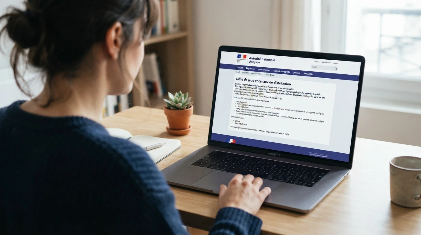 Page d'accueil du site anj.fr sur un écran, logo de l'Autorité nationale des jeux visible, rubrique « Offre de jeux et canaux de distribution » ouverte dans le navigateur
