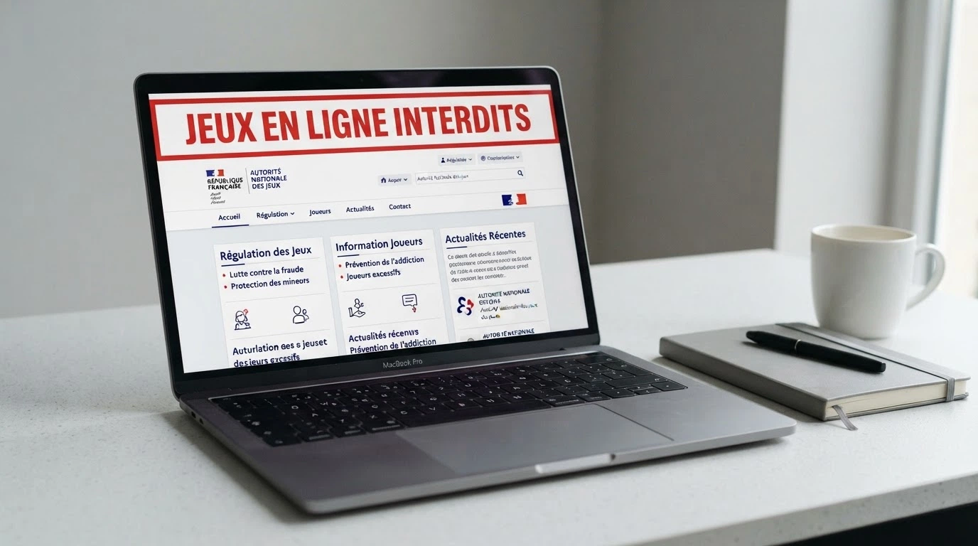 La page d'accueil du site anj.fr affichée sur un écran, avec le bandeau officiel de mise en garde contre les sites de jeux d'argent illégaux