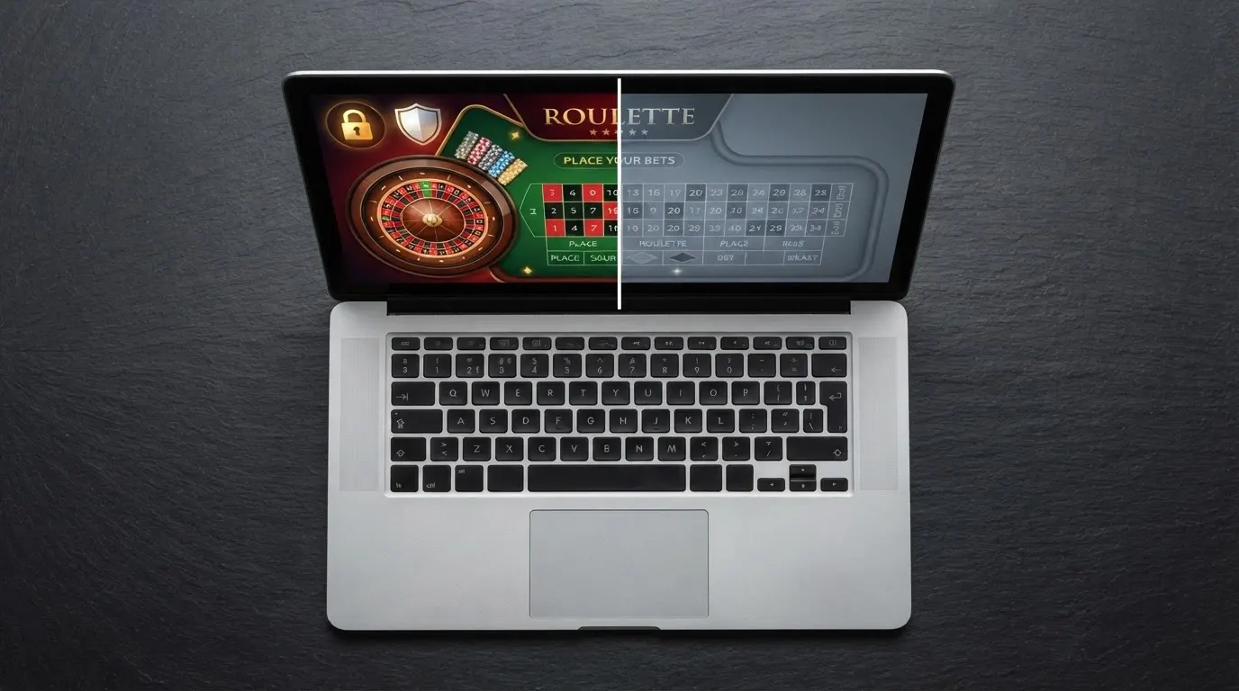 Écran partagé : à gauche, une interface de casino avec cadenas ANJ et icônes de protection (IVJ, modération) ; à droite, la même interface sans ces icônes, grisée