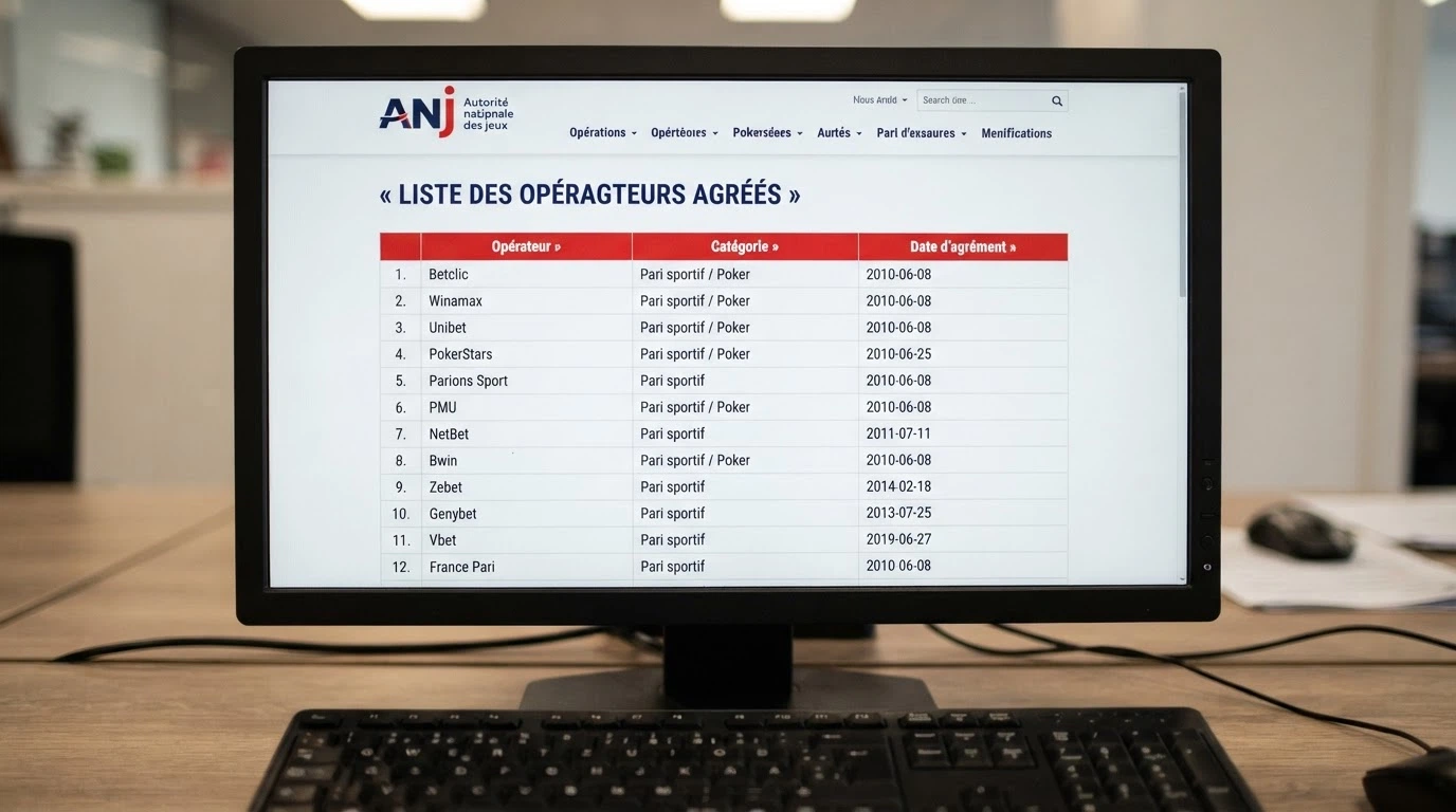 Capture d'écran de la page officielle du registre des opérateurs agréés sur anj.fr, montrant la liste des entités titulaires d'un agrément ANJ avec les catégories autorisées