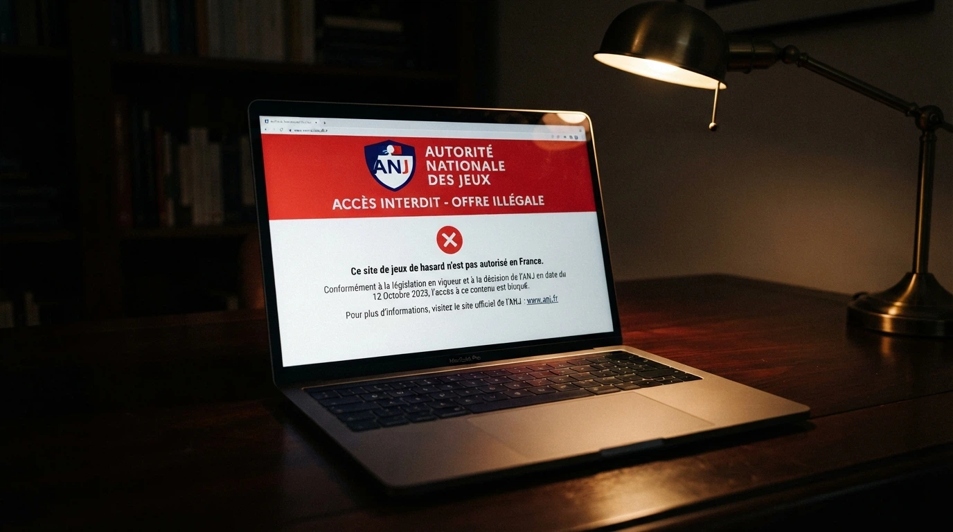 Le logo de l'Autorité nationale des jeux (ANJ) sur un fond institutionnel, accompagné d'un court extrait de texte réglementaire ou de la mention « offre illégale »