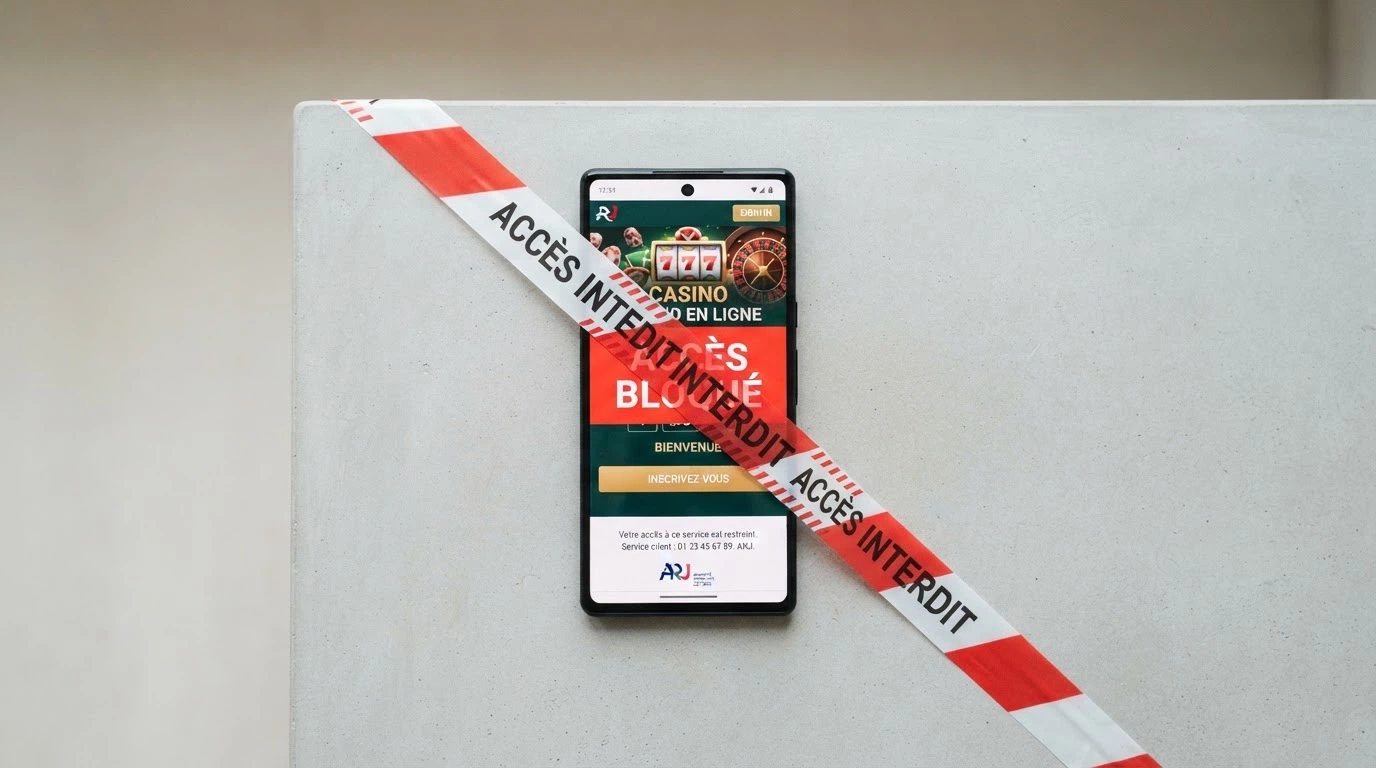La façade du siège de l'Autorité nationale des jeux à Paris, le logo ANJ visible, un ruban de scellement virtuel barrant l'écran d'un smartphone affichant un site de casino