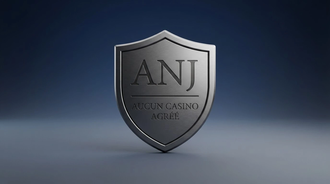Logo officiel de l'Autorité nationale des jeux sur fond blanc, à côté de la mention « Aucun casino en ligne n'est agréé en France »