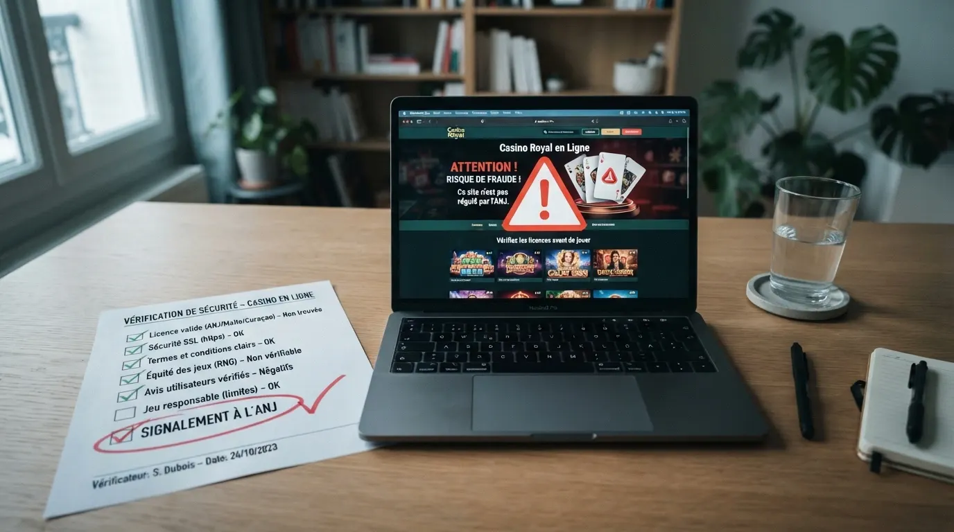 Un écran d'ordinateur montrant un site de casino avec un panneau d'avertissement et une liste de points de vigilance cochés