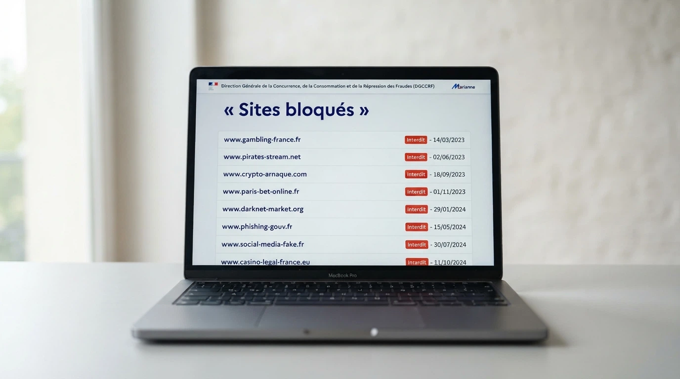 Capture d'écran de la liste noire publiée par l'ANJ sur anj.fr, montrant plusieurs noms de sites bloqués avec la mention « site faisant l'objet d'un ordre de blocage »