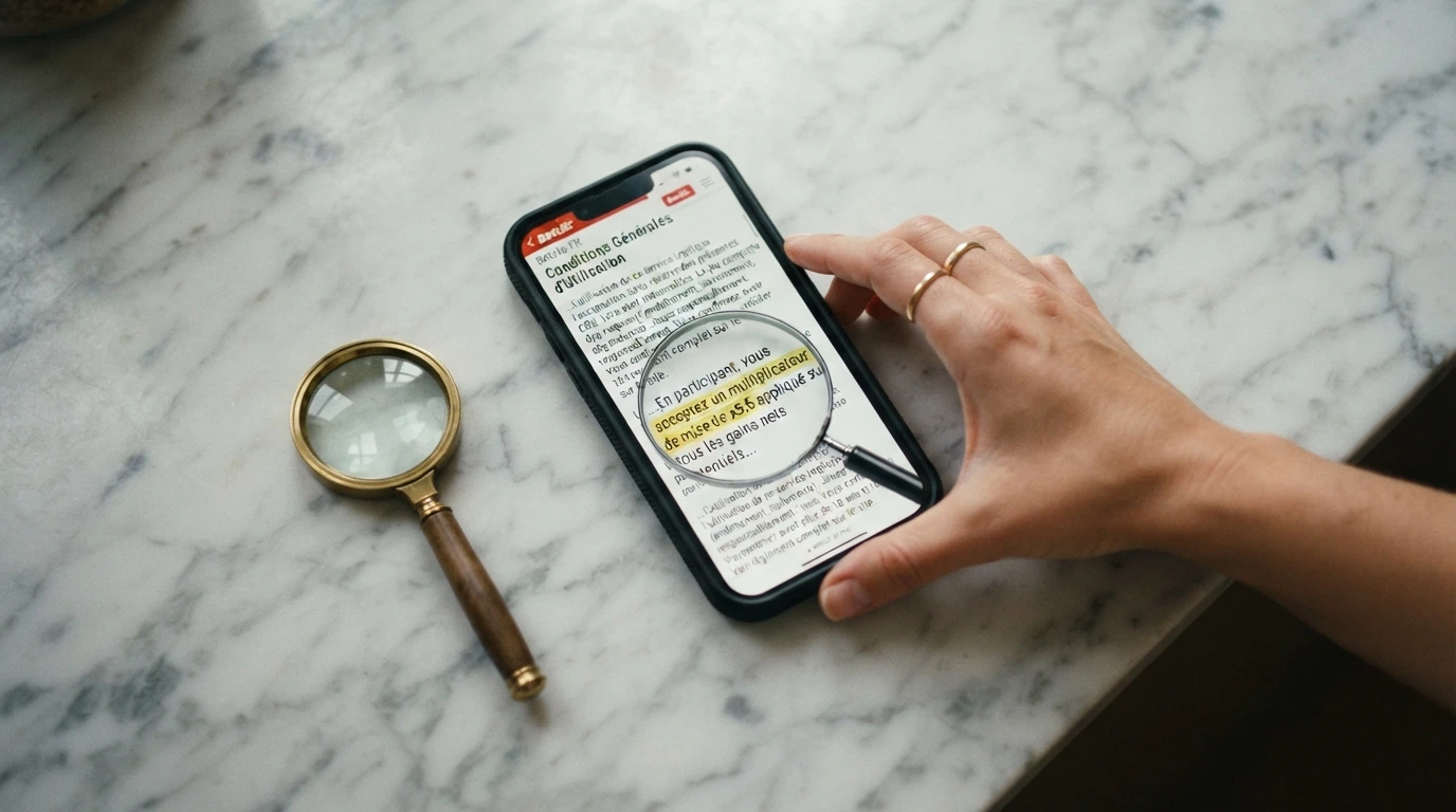 Un smartphone affichant les conditions d'un bonus de casino, avec une loupe posée sur l'écran mettant en évidence la ligne « wager x35 »