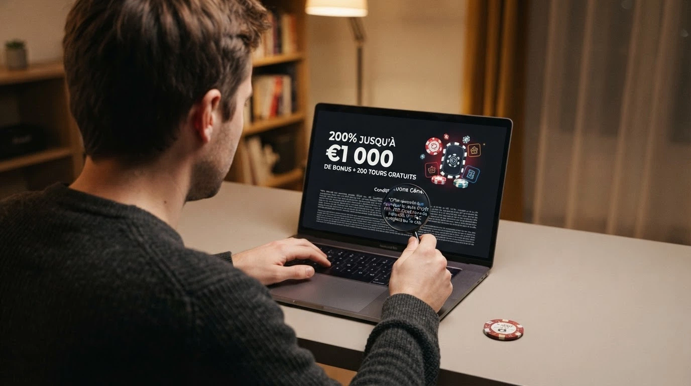 Un joueur examinant les conditions de bonus sur l'écran d'un casino, une loupe métaphorique agrandissant les petits caractères