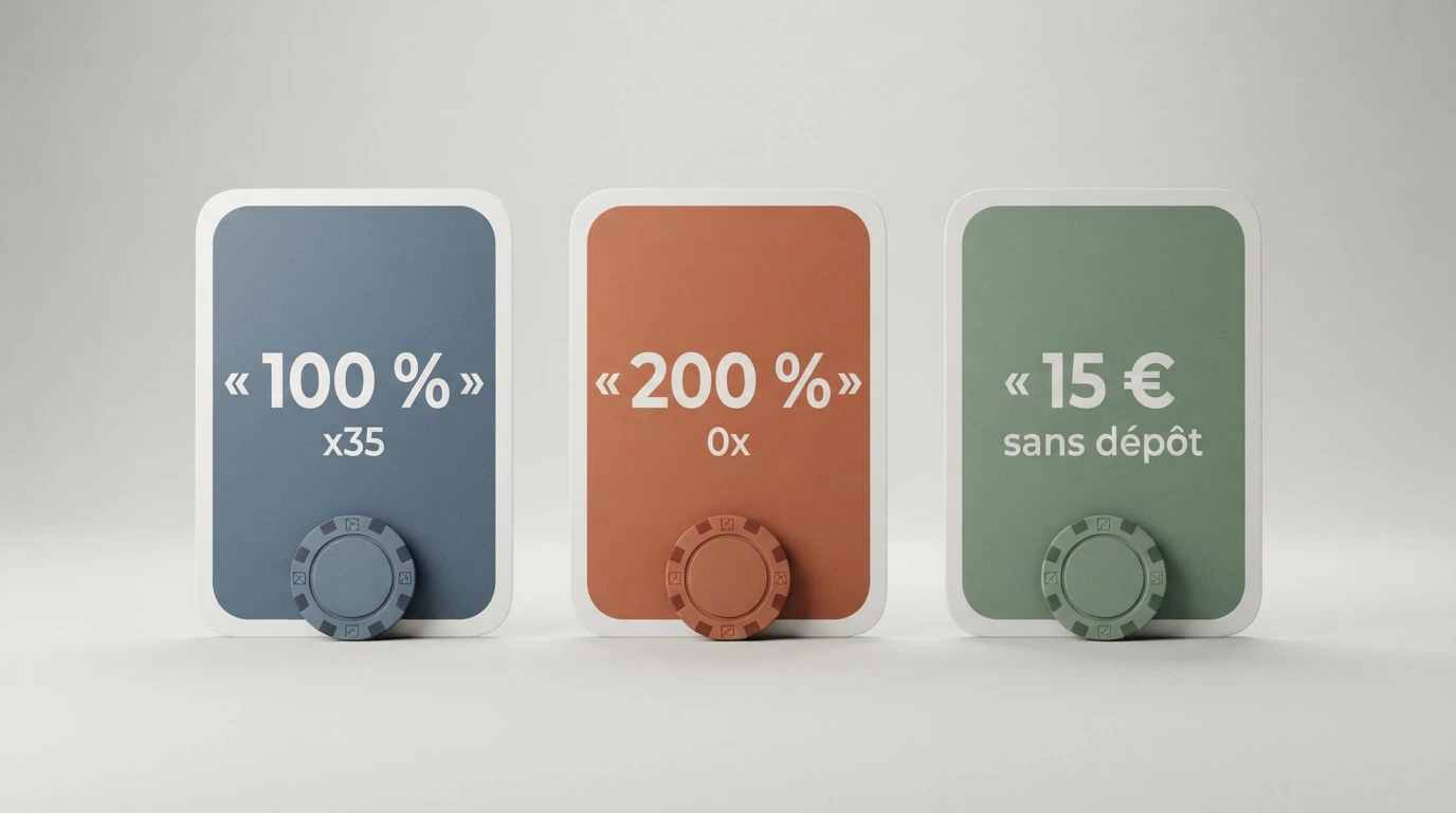 Une illustration comparant trois offres de bienvenue côte à côte : 100 % avec wager x35, 200 % sans wager, et un bonus sans dépôt de 15 €