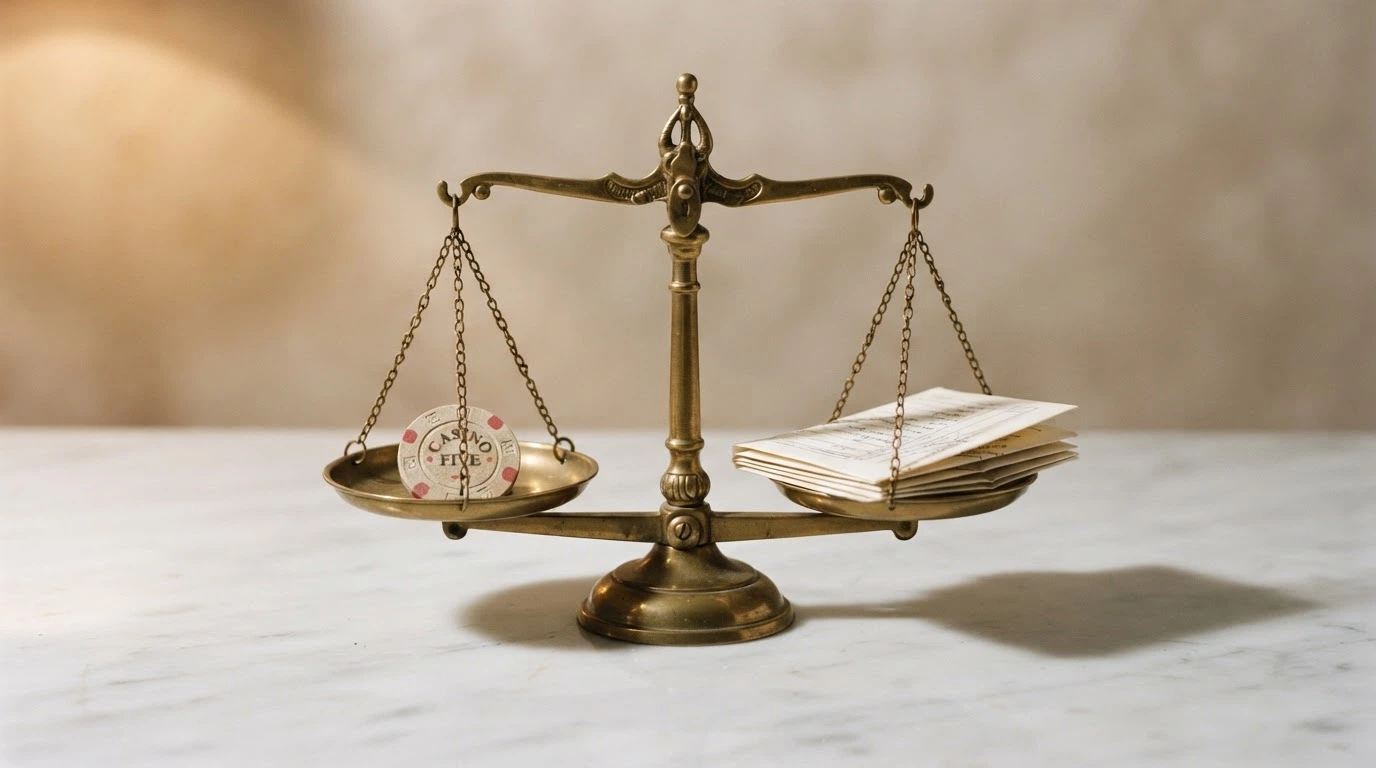 Une balance à plateaux : d'un côté un jeton avec un pourcentage affiché, de l'autre une pile de conditions en petits caractères
