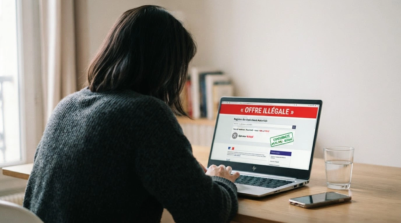 Une capture d'écran du site de l'ANJ affichant la liste des opérateurs agréés, avec le bandeau d'avertissement sur l'offre illégale
