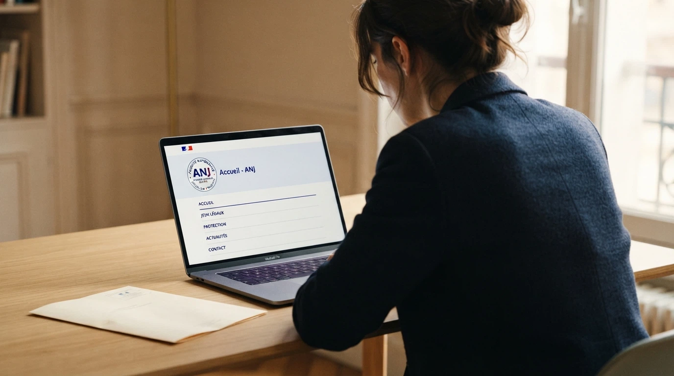 Un écran affichant le logo de l'ANJ à côté d'une carte de la France, avec des documents officiels en arrière-plan
