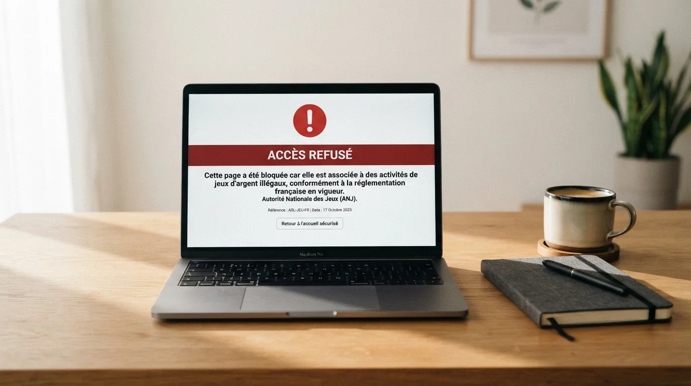 Le logo de l'ANJ (Autorité nationale des jeux) en gros plan, à côté d'un document officiel barré d'un tampon rouge « interdit ».