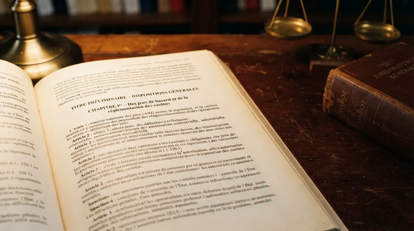 Le logo de l'ANJ sur un fond de texte juridique français, symbolisant le cadre réglementaire des jeux d'argent en ligne