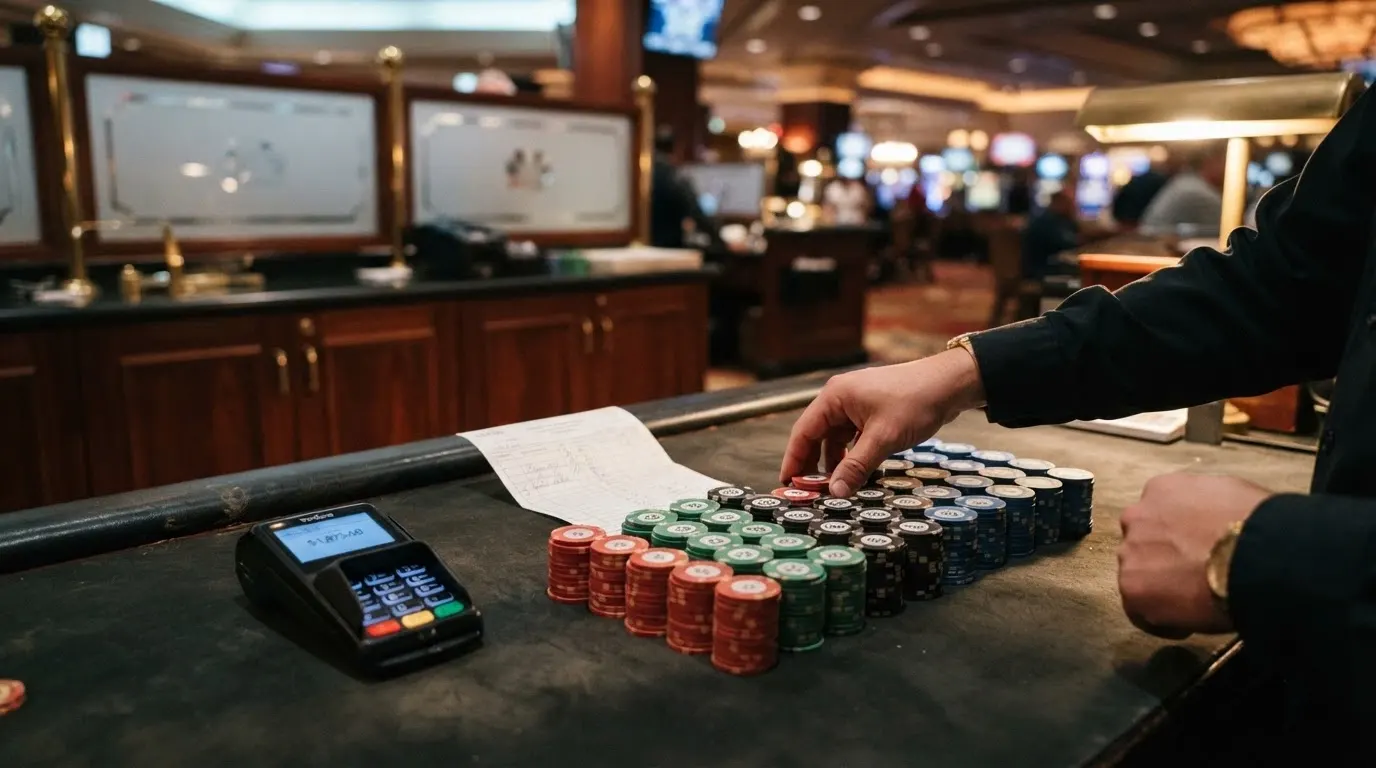 Un caissier de casino comptant des billets devant un terminal de paiement, avec un document réglementaire en arrière-plan.
