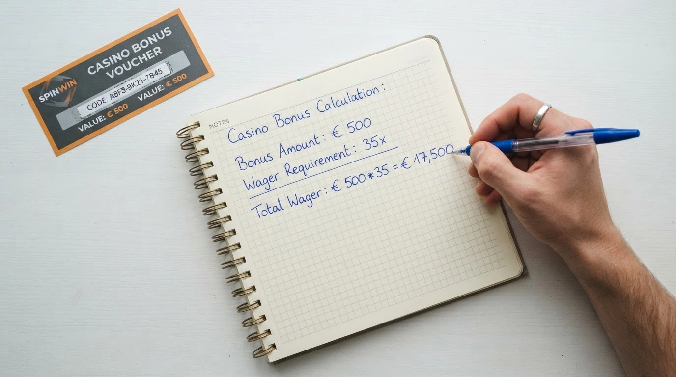Une calculette posée sur un bureau à côté d'un ticket Neosurf de 50 €, un carnet ouvert montrant un calcul manuscrit : « 500 € × 35 = 17 500 € de mises requises »