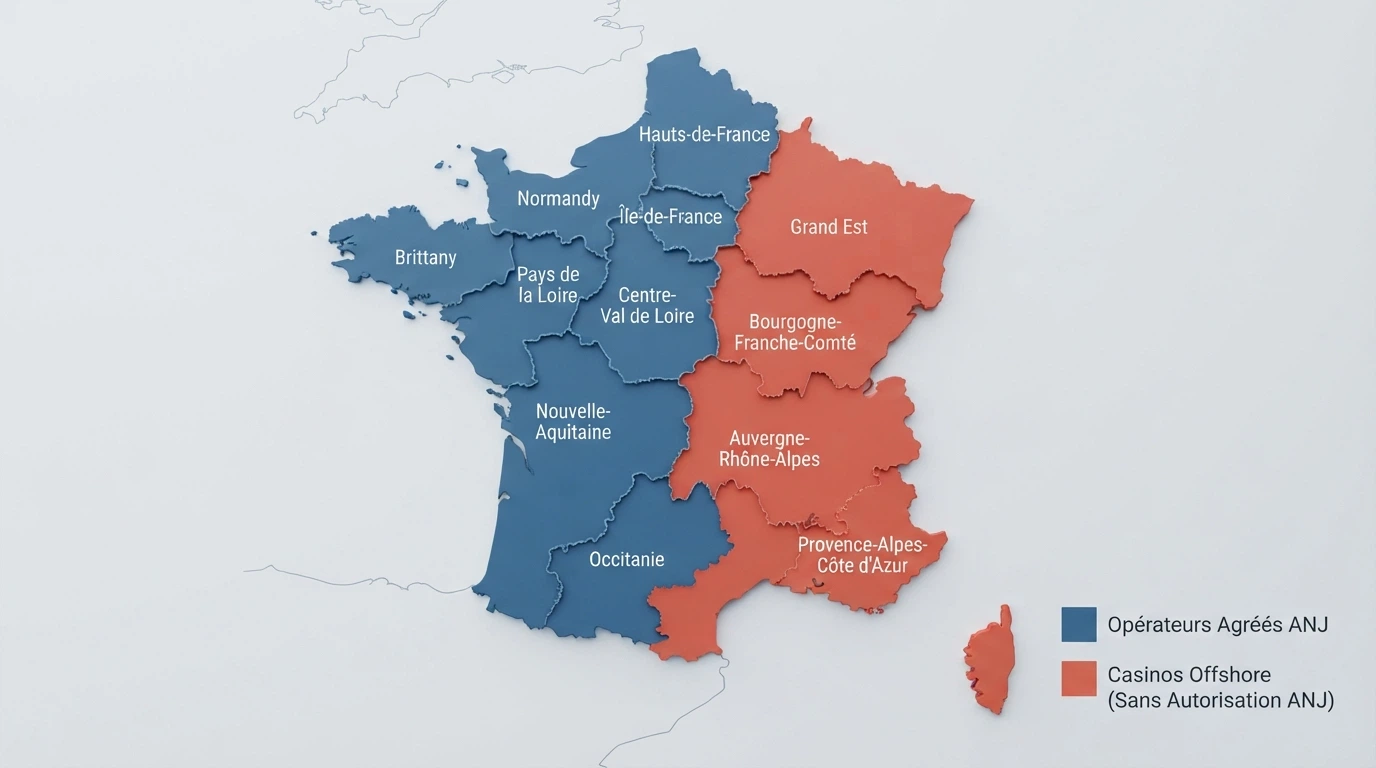 Une carte stylisée de la France avec deux zones distinctes : d'un côté les opérateurs agréés ANJ (paris sportifs, poker), de l'autre les casinos offshore qui acceptent les joueurs français sans agrément.