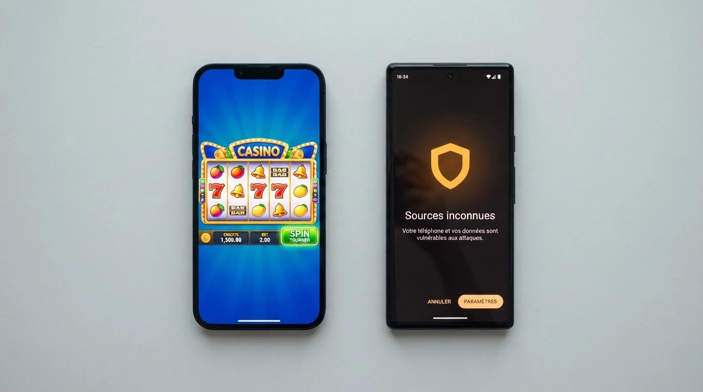 Deux écrans de smartphone côte à côte : à gauche, un casino chargé dans le navigateur Chrome ; à droite, un message d'avertissement « installation de sources inconnues » sur l'écran des paramètres Android.