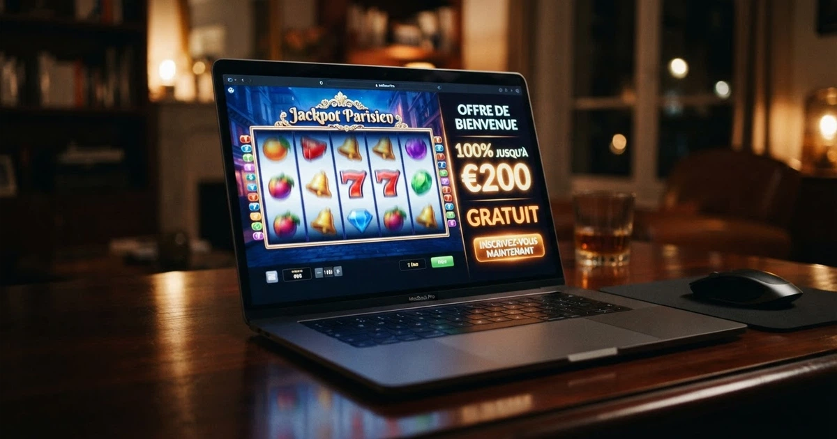 Écran d'accueil d'un casino en ligne affichant une offre de bonus sans dépôt, avec des machines à sous en arrière-plan et la mention « gratuit » en évidence.