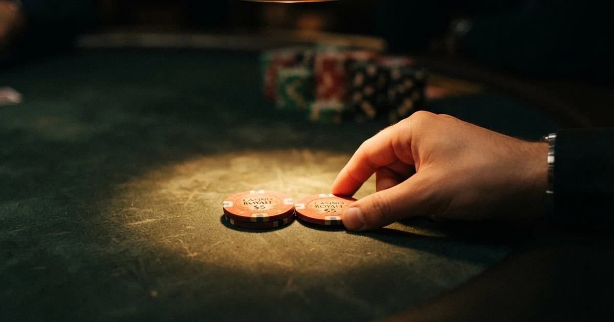 Un jeton de casino et une main posant une mise sur une table de jeu, dans une ambiance tamisée