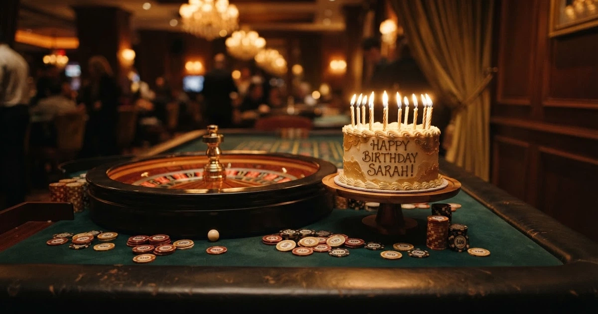 Une roulette de casino disposée sur un tapis vert à côté d'un gâteau d'anniversaire surmonté de bougies, avec des jetons de poker éparpillés