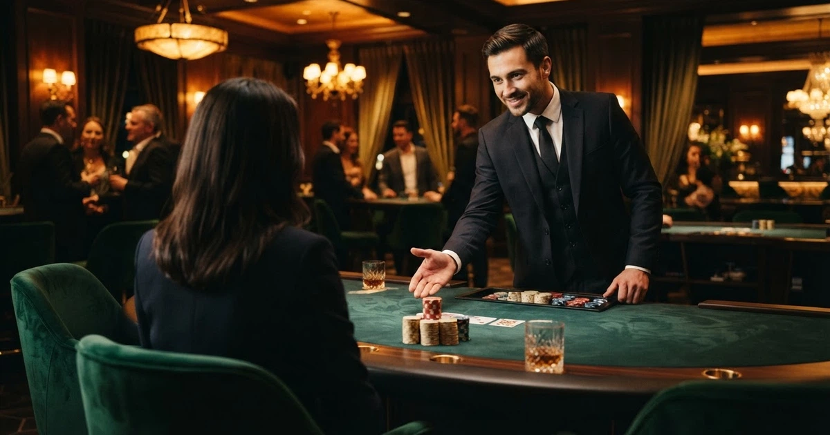 Un salon de casino feutré avec une table de jeu éclairée, un joueur recevant un accueil personnalisé
