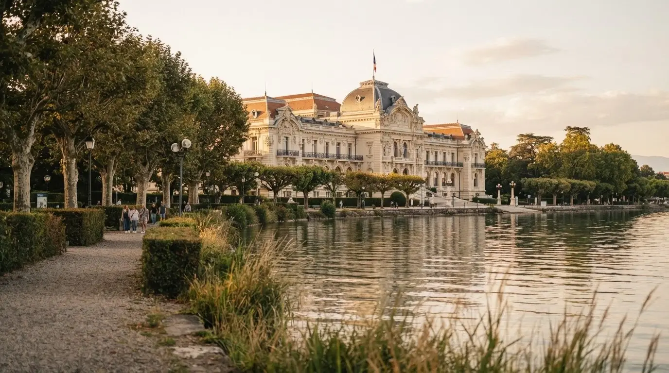 Le Casino Barrière d'Enghien-les-Bains vu depuis le lac, façade historique de style Belle Époque