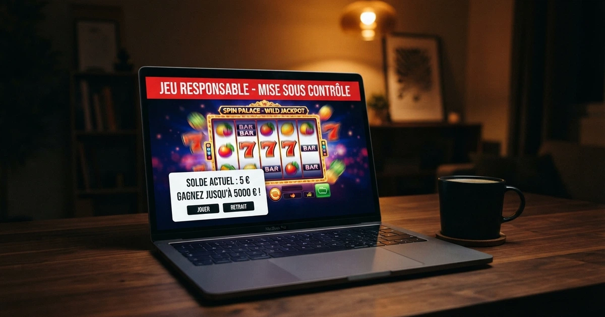 Écran affichant la page d'accueil d'un casino en ligne avec la mention « dépôt minimum 5 € » et un bandeau d'avertissement