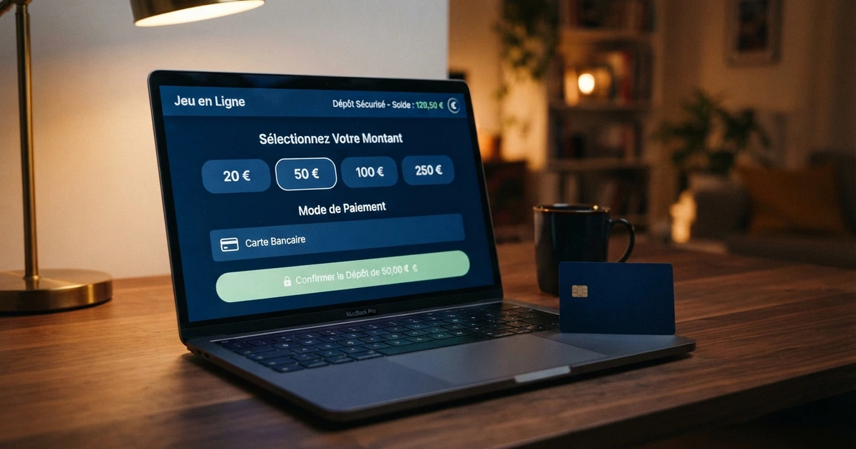 Un écran affichant la page d'accueil d'un site de jeu en ligne avec l'interface de dépôt par carte bancaire ouverte, montrant les champs de saisie du montant et le logo CB/Visa/Mastercard